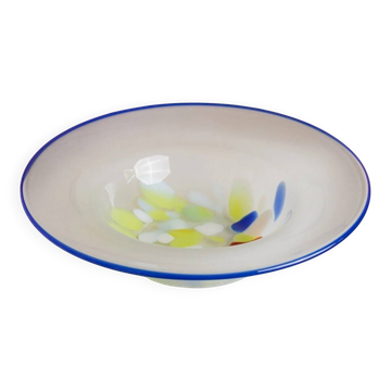 Grand bol en verre de Murano vintage avec bord bleu et pois multicolores – Verre soufflé à la bouche italien, art pop des années 1980