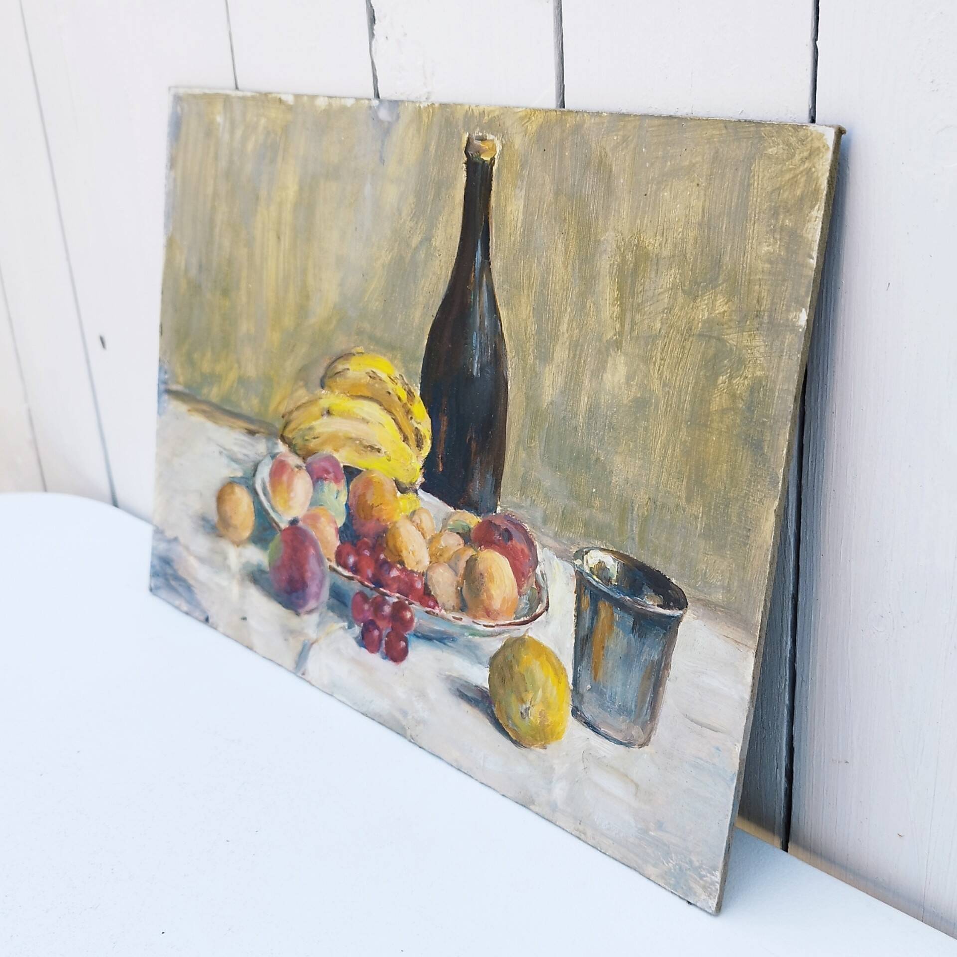 Still life painting fruit basket cider gouache