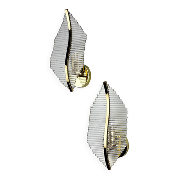 Pair of Venini floral wall sconces, gilt brass & Murano tubular glass, Italy, 1970s