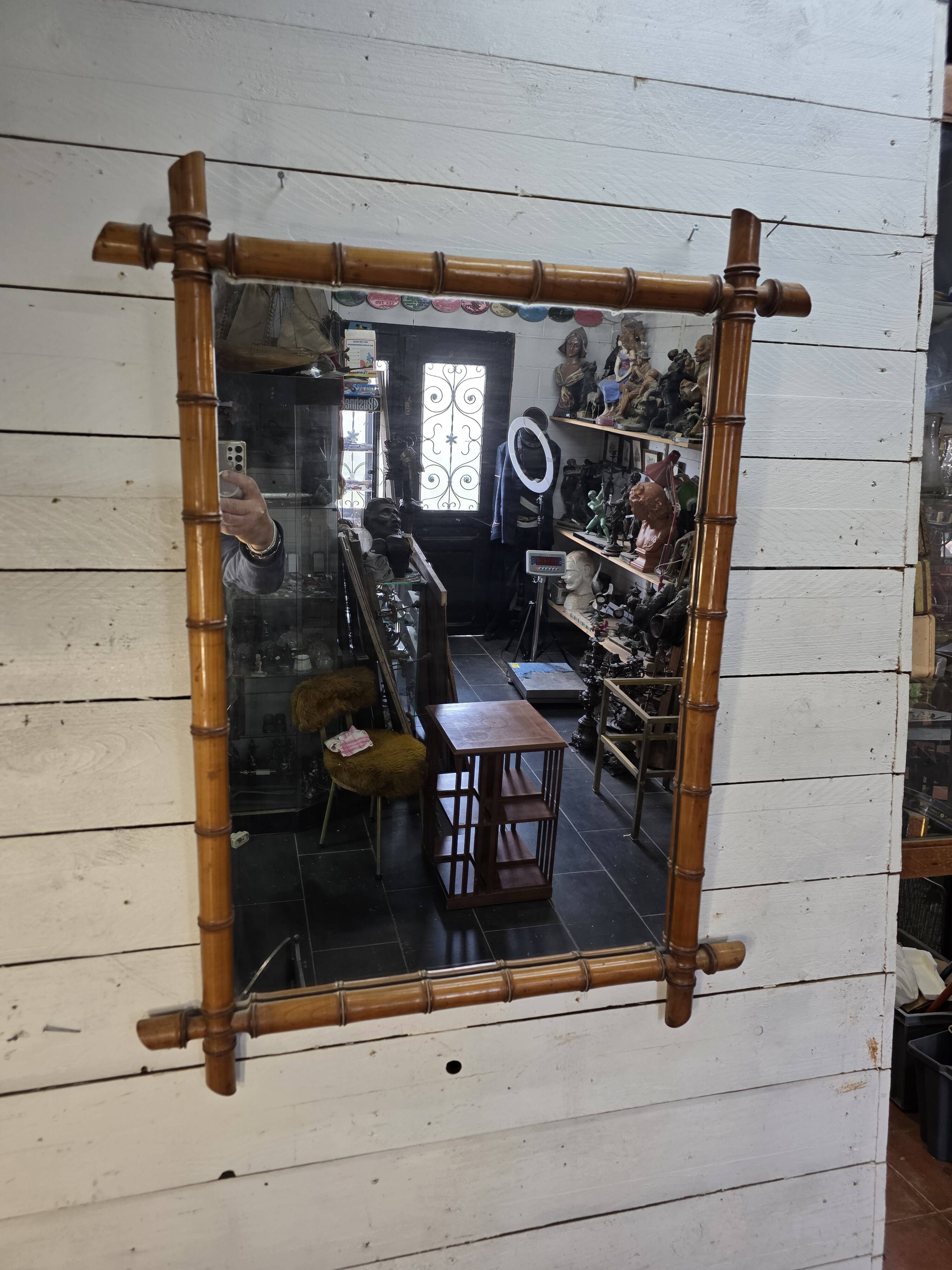 Large cherry wood bamboo mirror 100×76cm