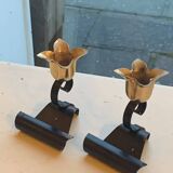 Lot de deux bougeoirs, en forme de fleurs, tulipes en metal noir et dore, vintage