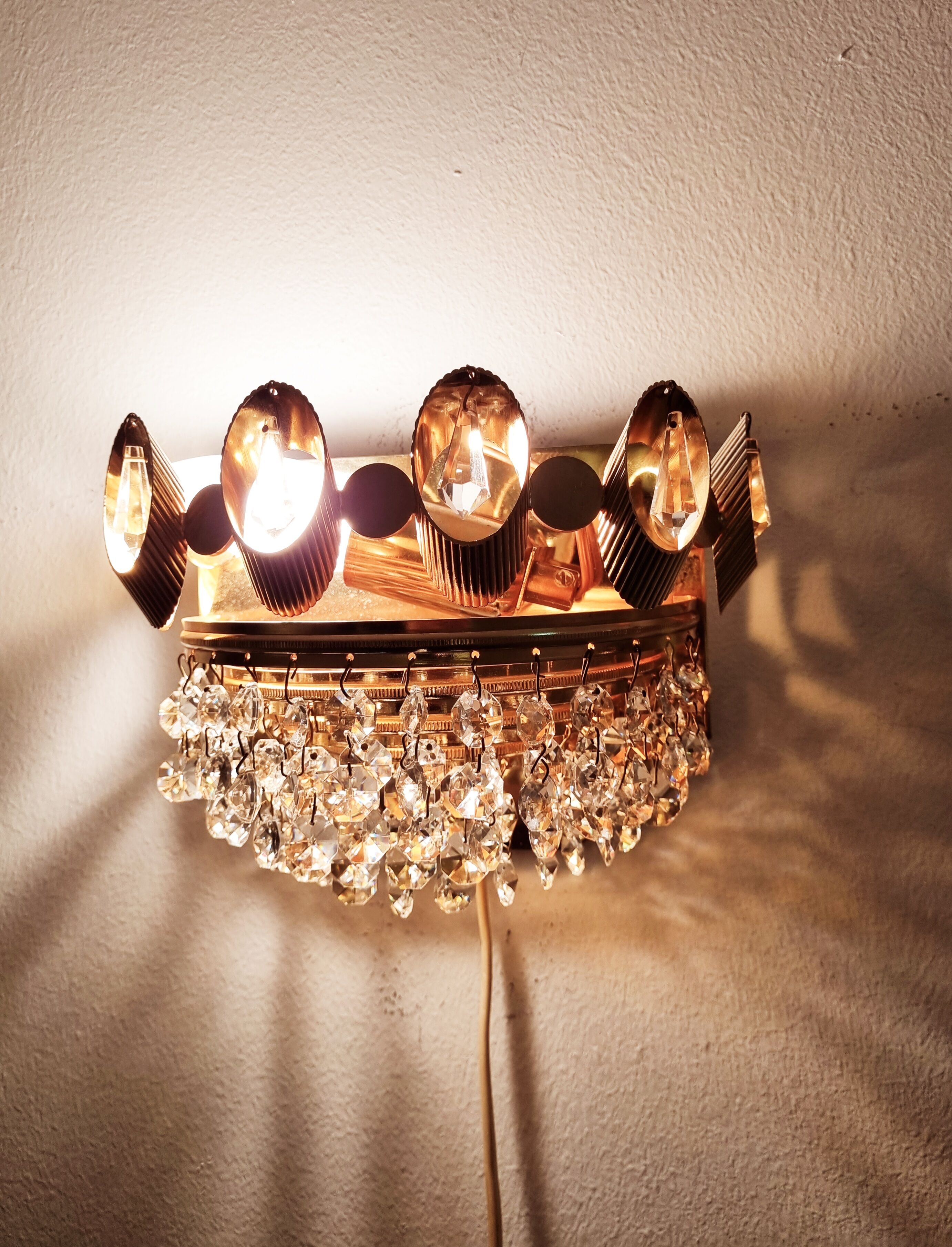 Set of 2 Palwa wall lights, crystal sconces, Hollywood Regency glam vintage decor lamps, 1960s