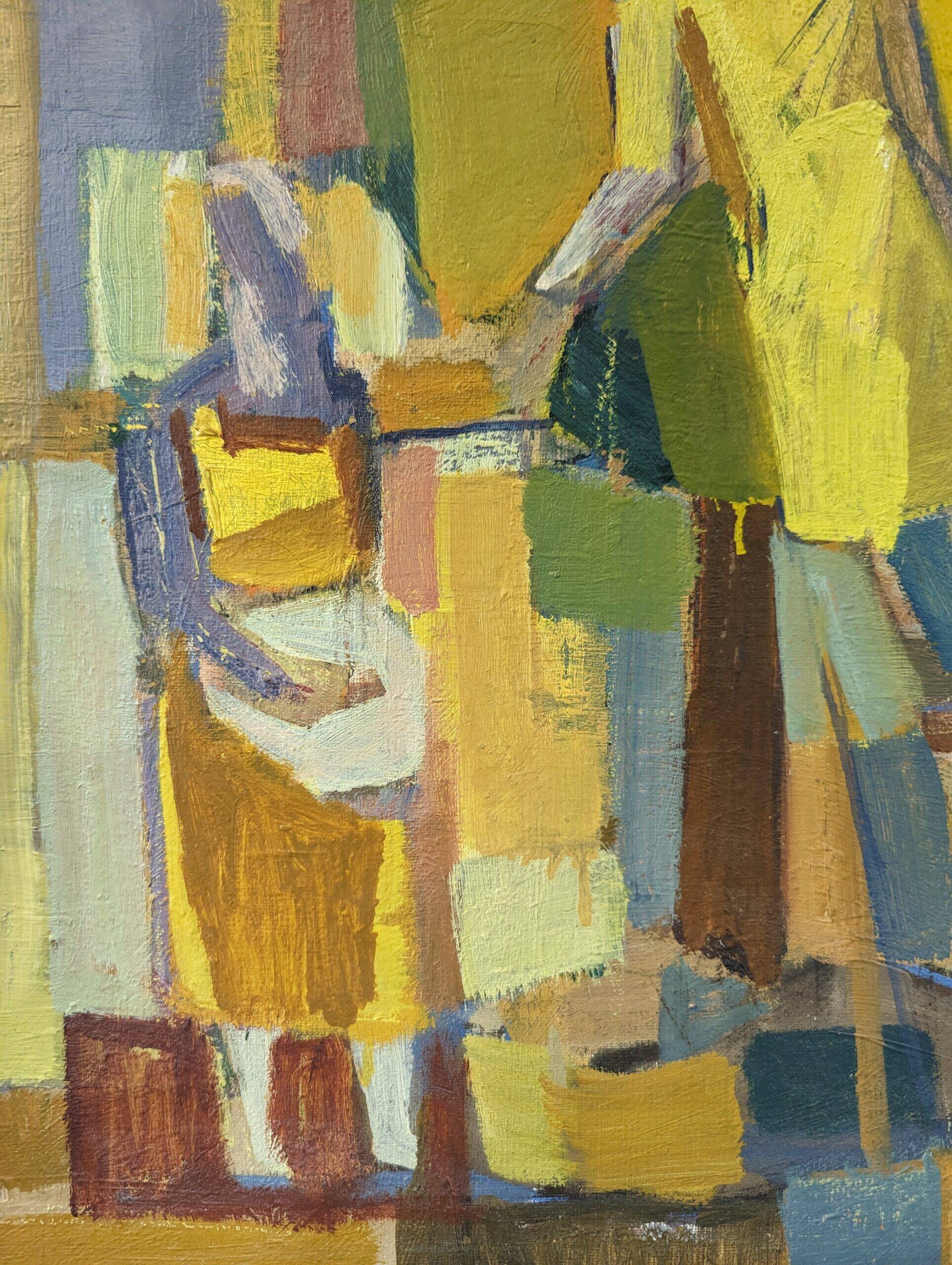 Mid-Century Modern Swedish "The Fruit Tree Pickers" Vintage Oil Painting, Framed