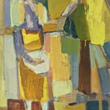 Mid-Century Modern Swedish "The Fruit Tree Pickers" Vintage Oil Painting, Framed