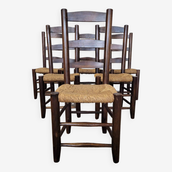 Ensemble de 6 chaises en chêne , assises paillées  1950