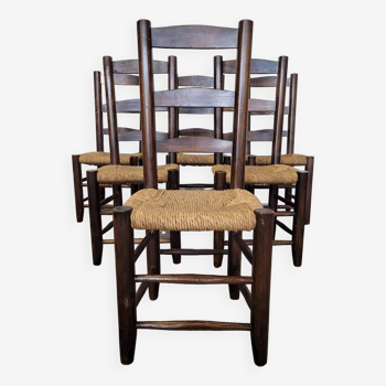 Set of 6 oak chairs, straw-covered seats 1950