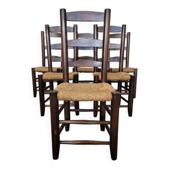Ensemble de 6 chaises en chêne , assises paillées  1950