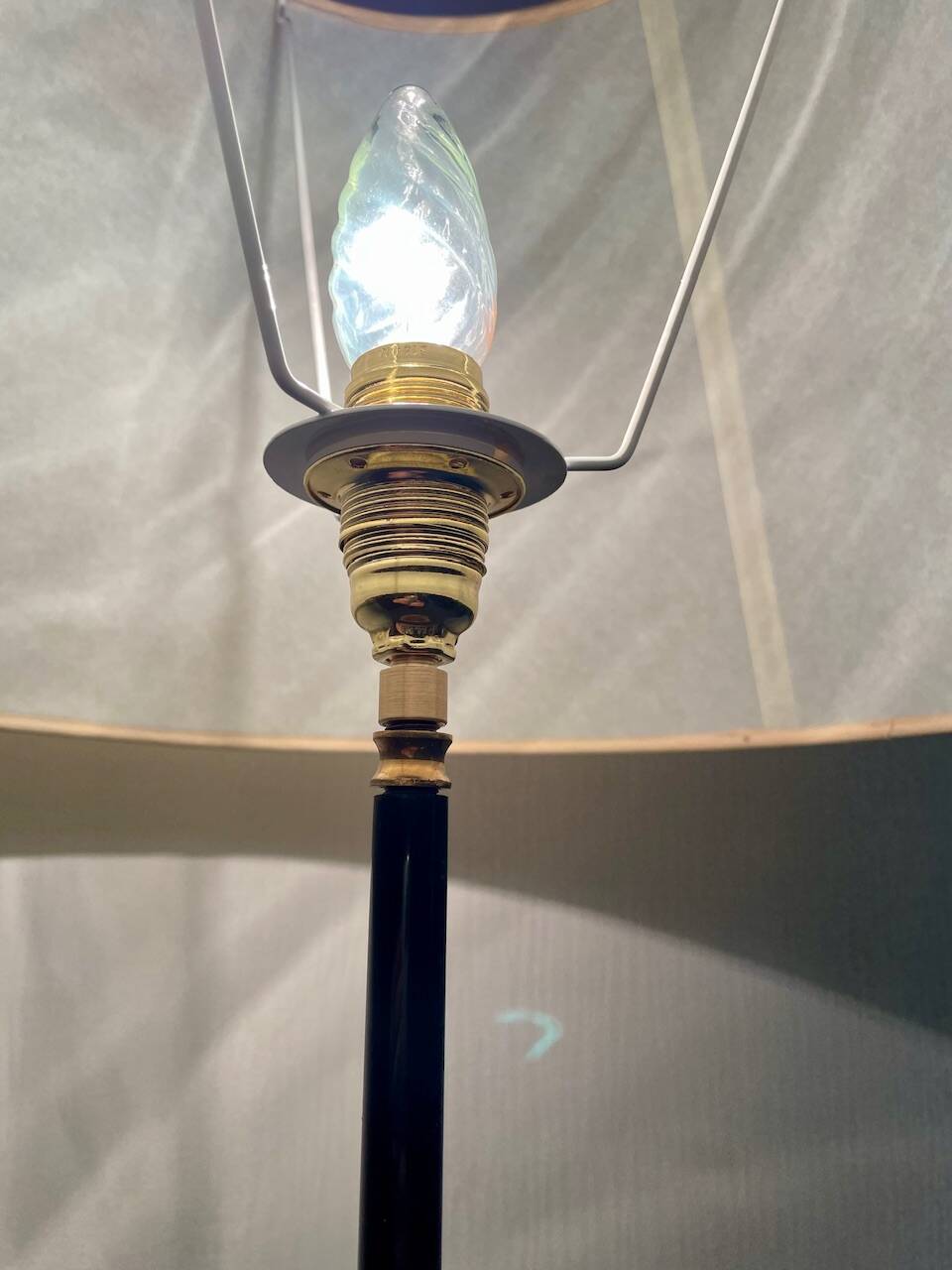 Vintage floor lamp, brass decorations, tripod legs circa 1960's