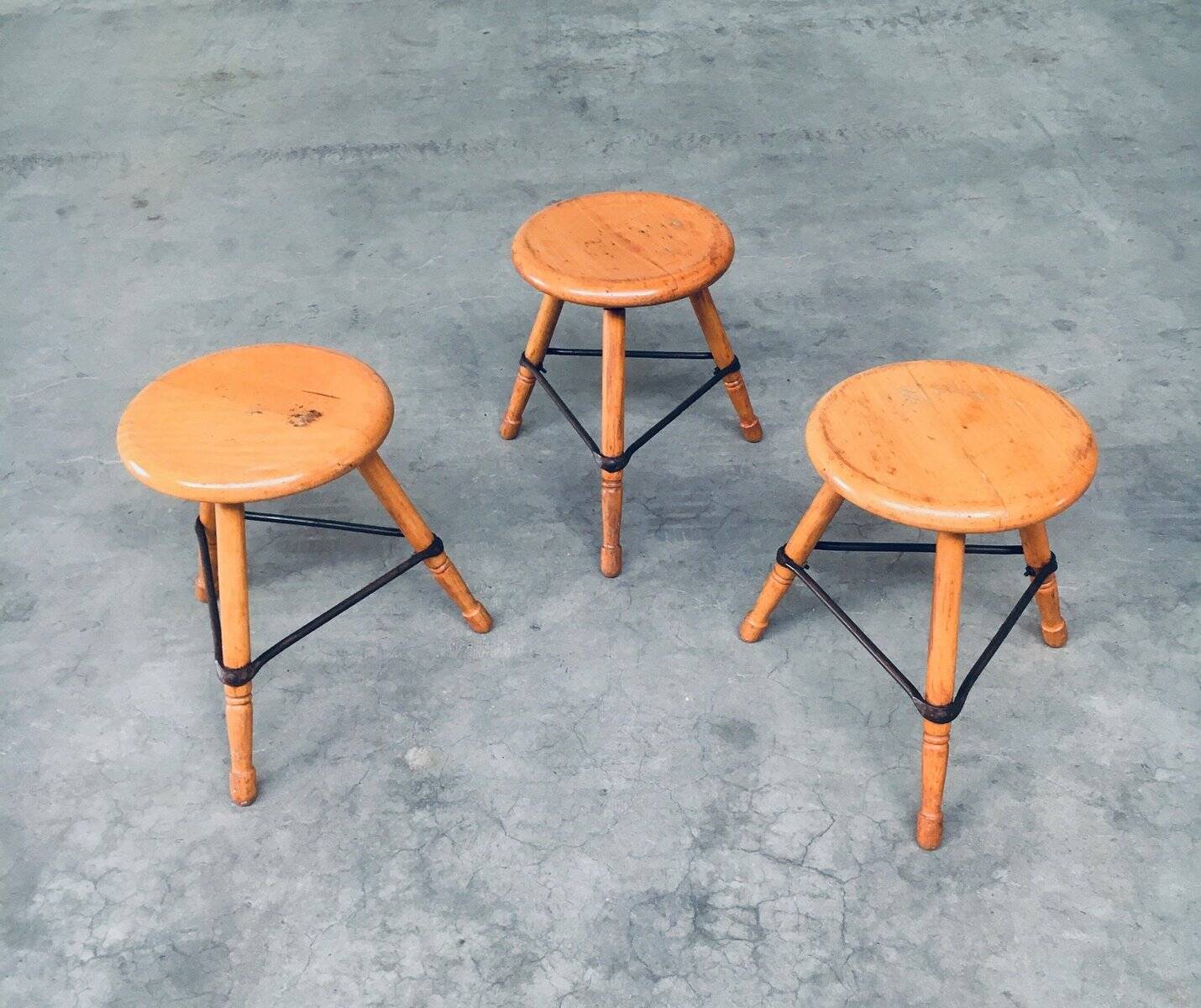Industrial Low Tripod Stools, Belgium, 1950s, Set of 3