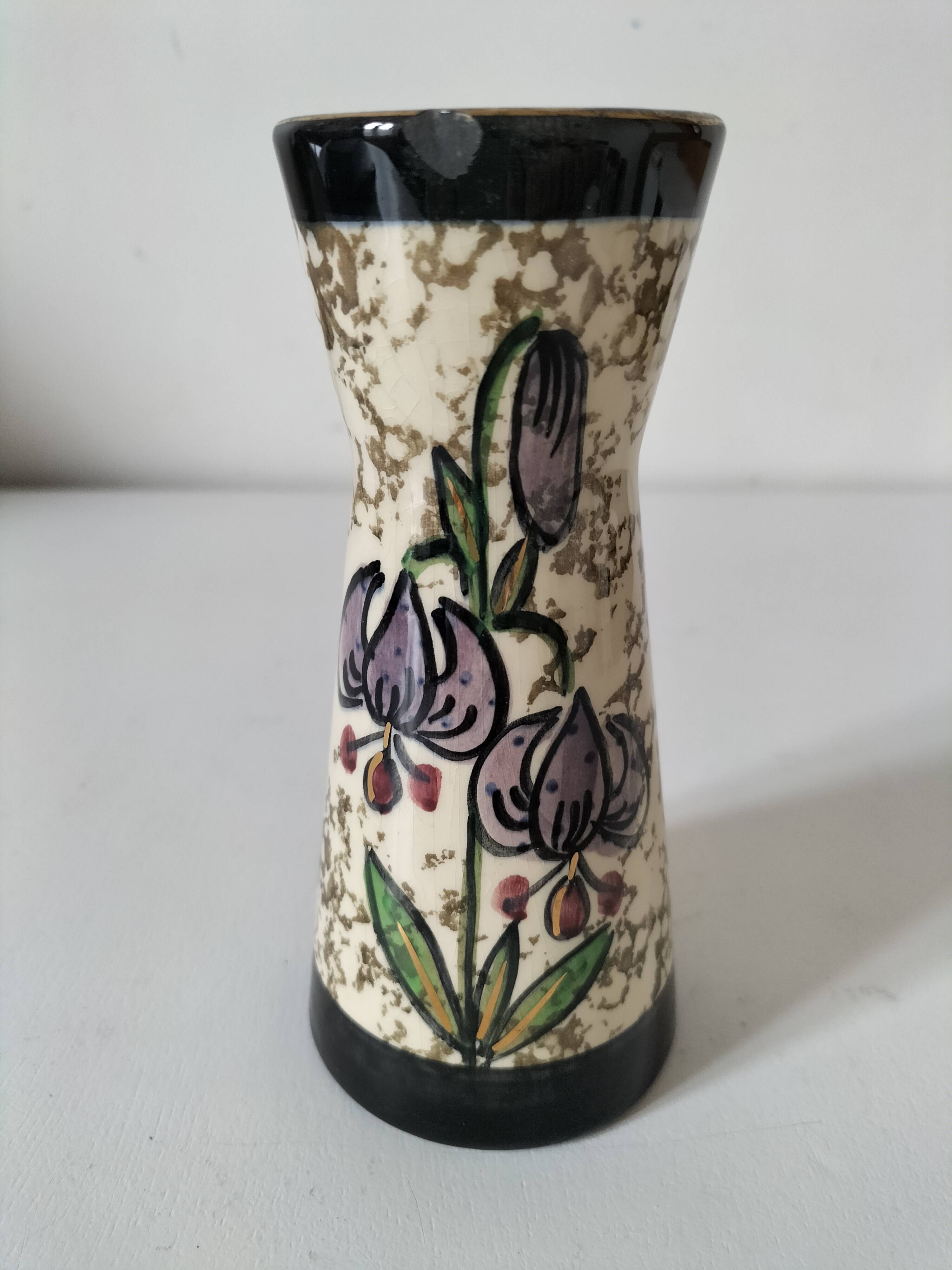 Vintage cream ceramic vase with purple floral decoration and gold highlights