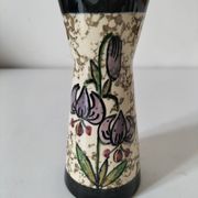 Vintage cream ceramic vase with purple floral decoration and gold highlights