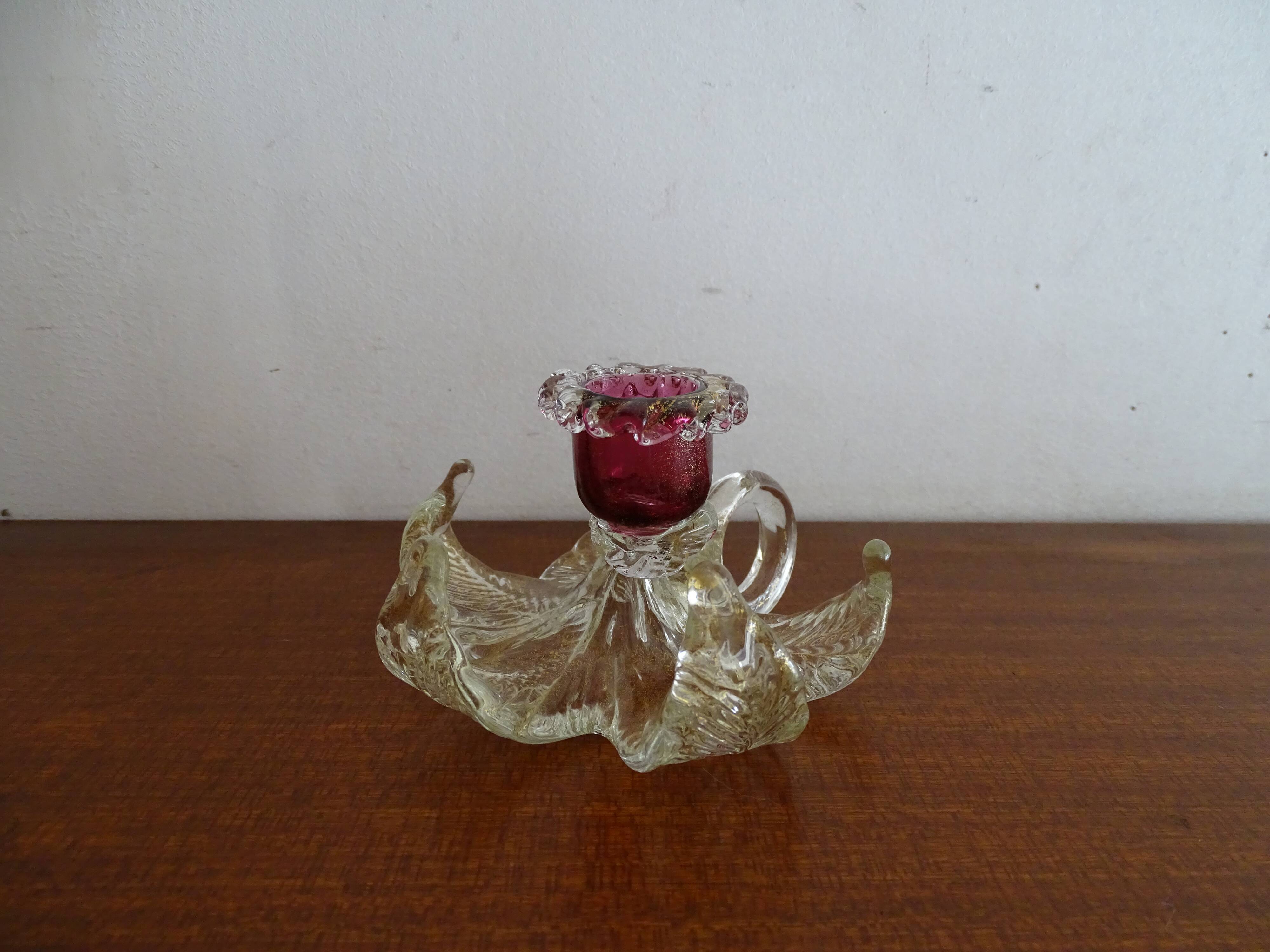 Bougeoir fleur verre  Murano poudre d'or