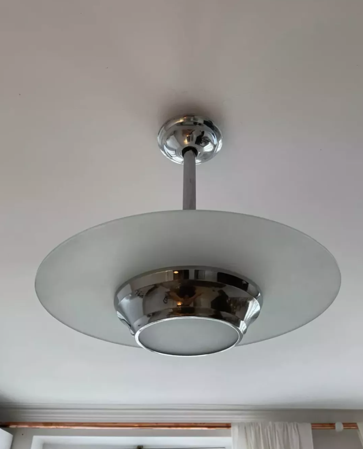 Art deco chandelier sandblasted glass and chrome France 1950