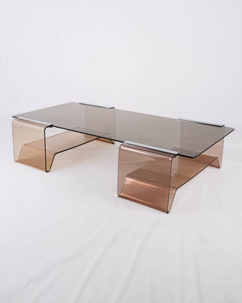 Table basse en plexi fumé et verre, Michel Dumas, France, 1970