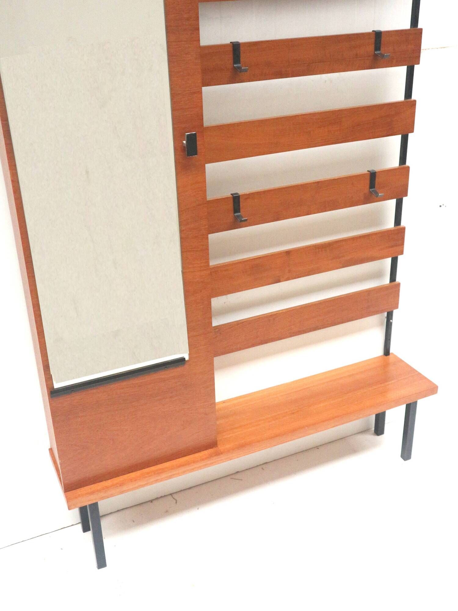 Large standing vintage coat rack with mirror and shoe cabinet made in the 1960s