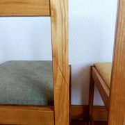Six Scandinavian style chairs in elm and fabric.