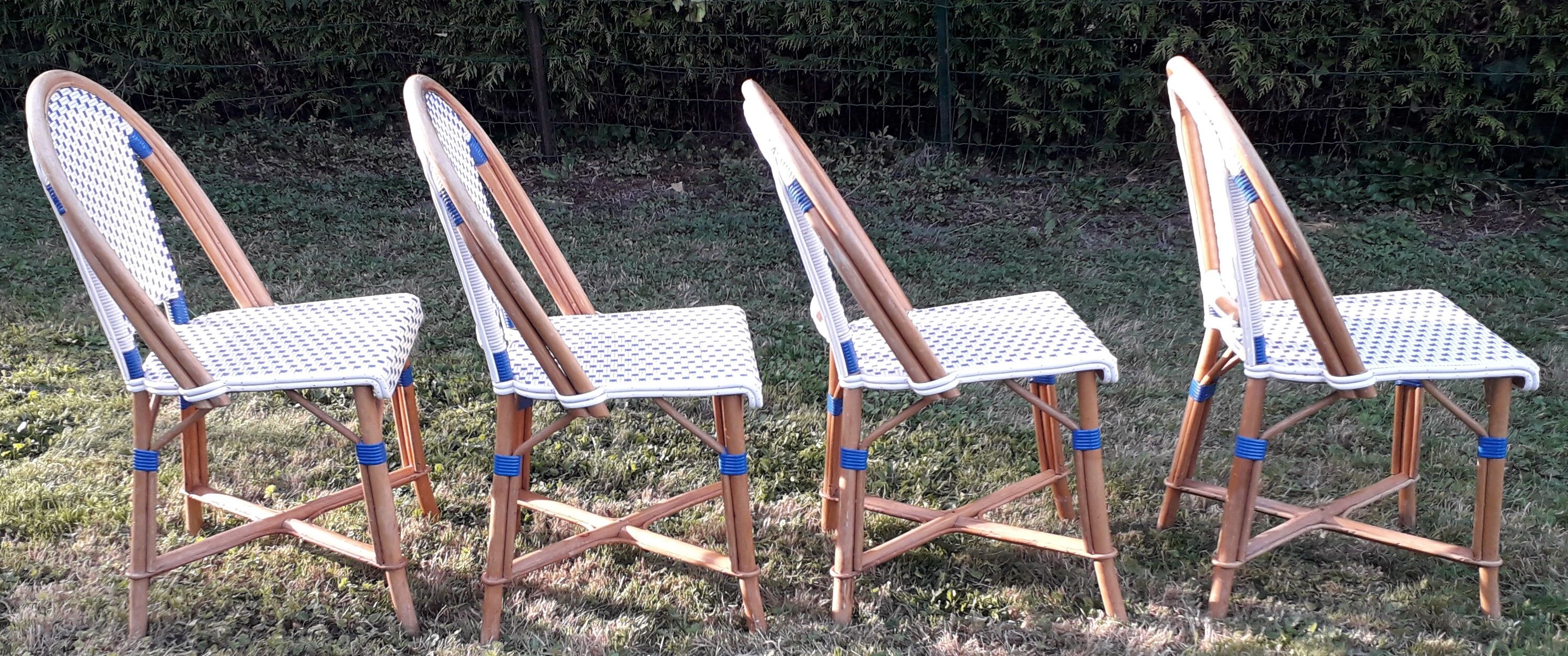 Set de 4 chaises bistrot terrasse parisienne en rotin blanche et bleu