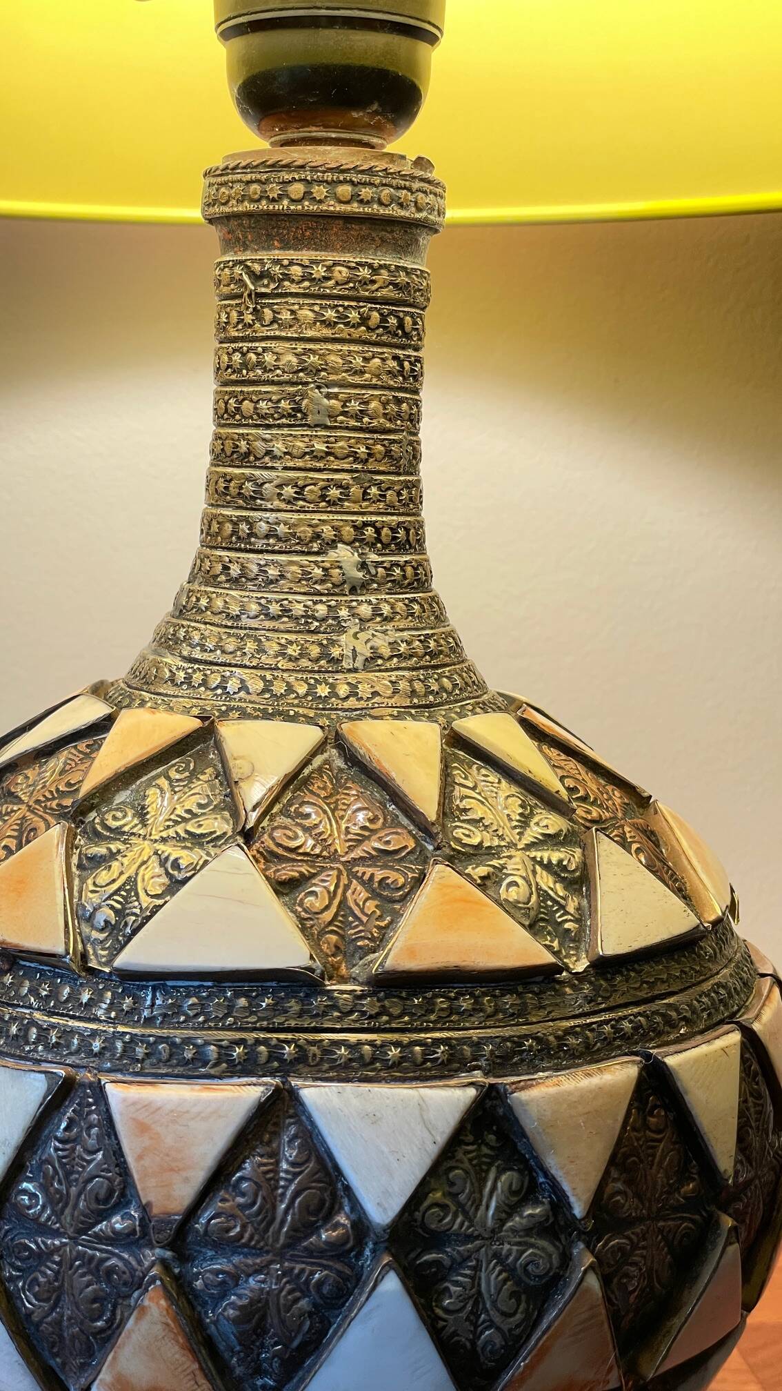 Vintage handcrafted lamp, pottery and silver-plated metal