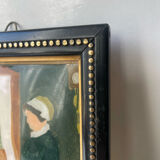 Peinture ancienne sur verre cadre en bois noir avec dorure 16,5 cm x 13,5 cm