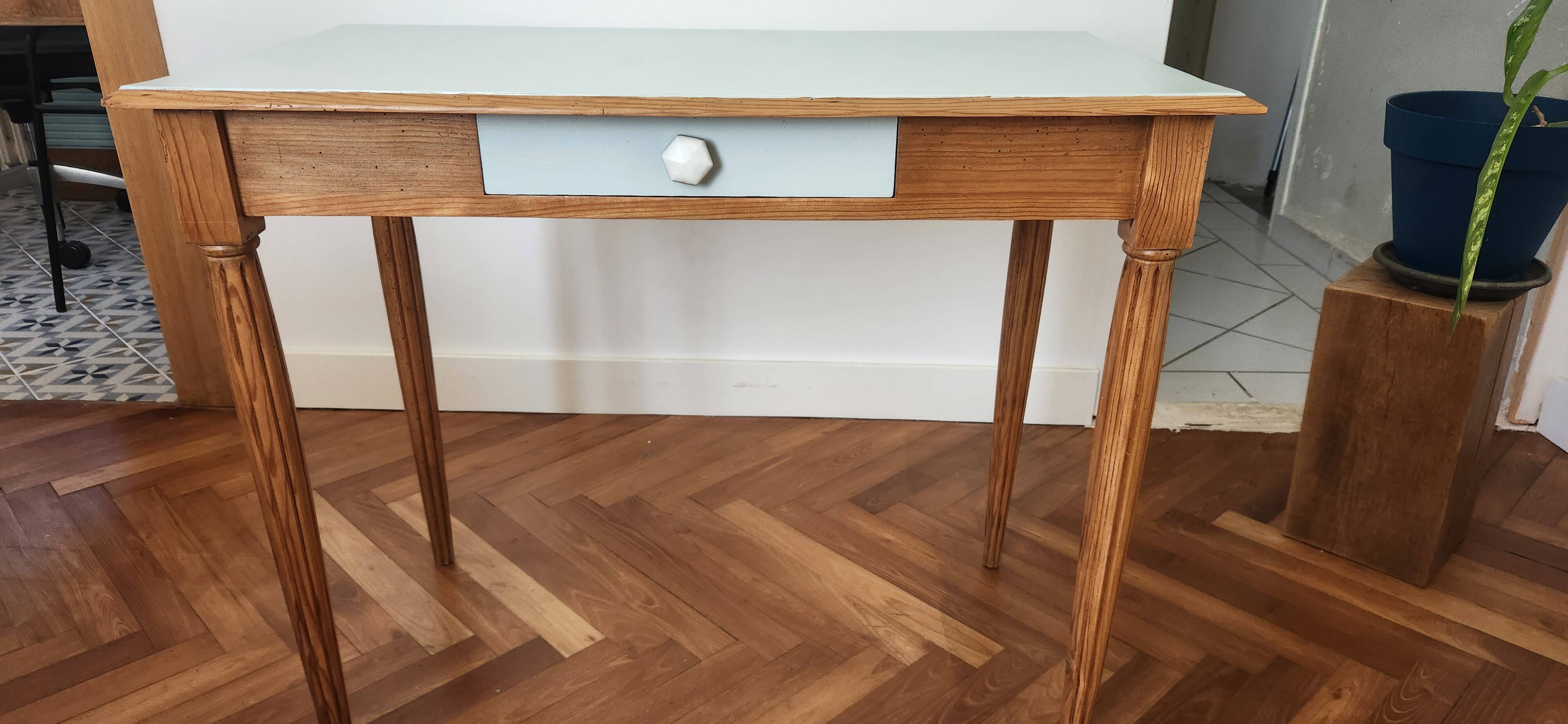 Small Blue Wooden Desk, Grooved Legs