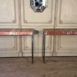 Pair of contemporary consoles in marble and metal.