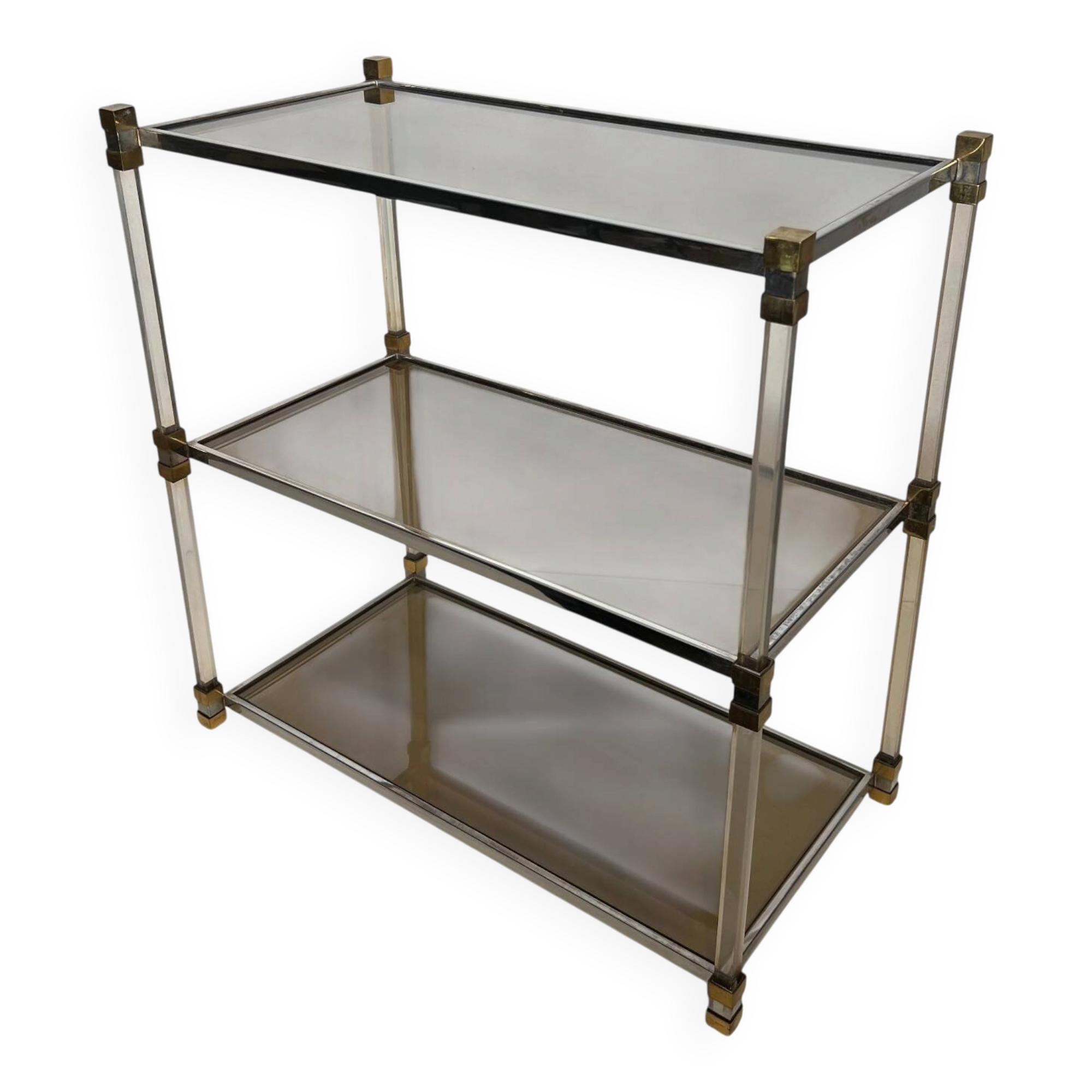 Lucite Shelf with Three Smoked Glass Shelves and Brass Ends. Work