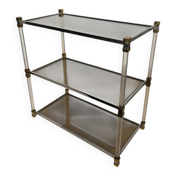 Lucite Shelf with Three Smoked Glass Shelves and Brass Ends. Work