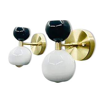 Italian Diablo Ball Wall Sconces in Polished Brass: Black & White Dual Lights