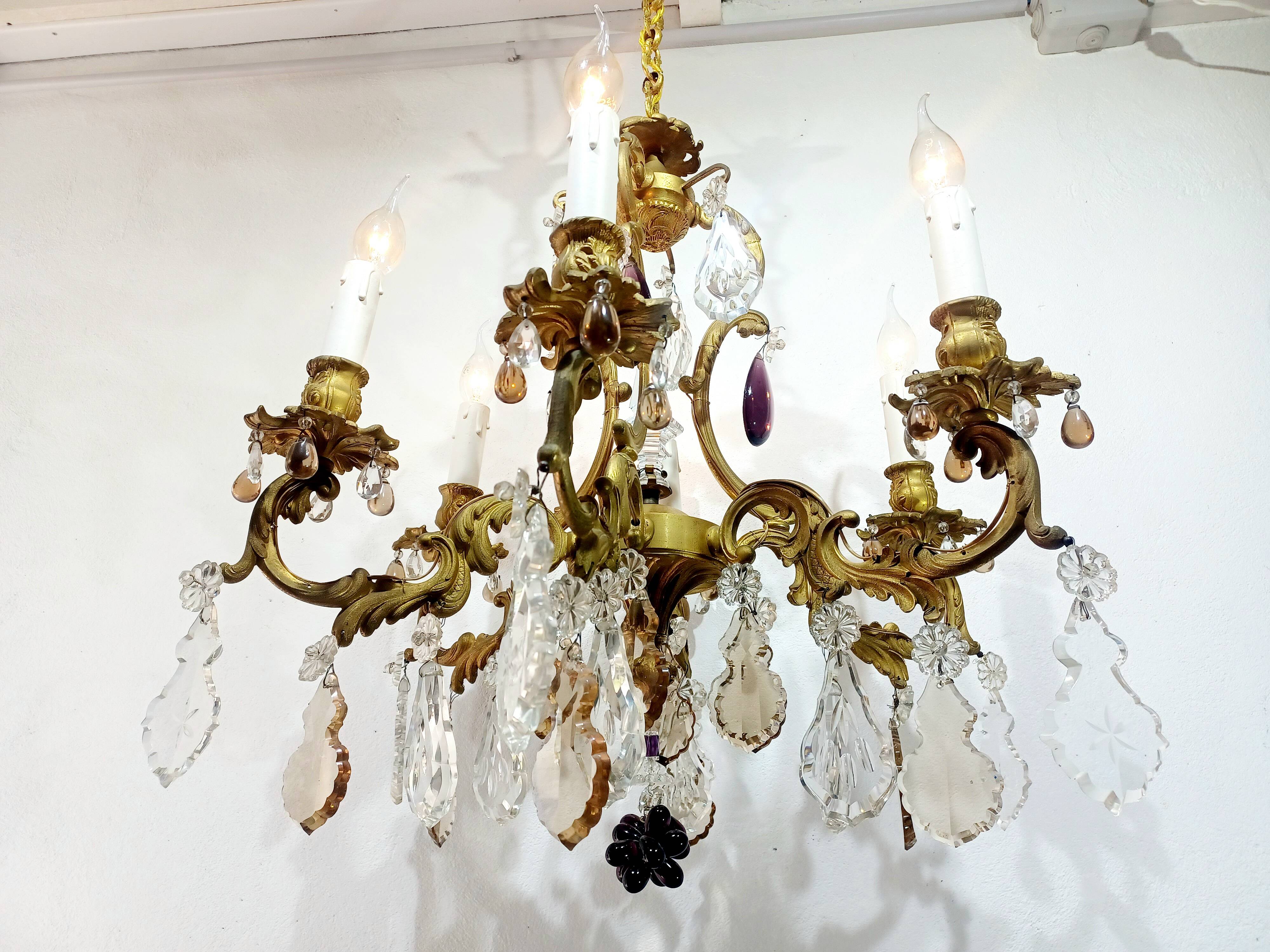 6-light bronze and crystal chandelier