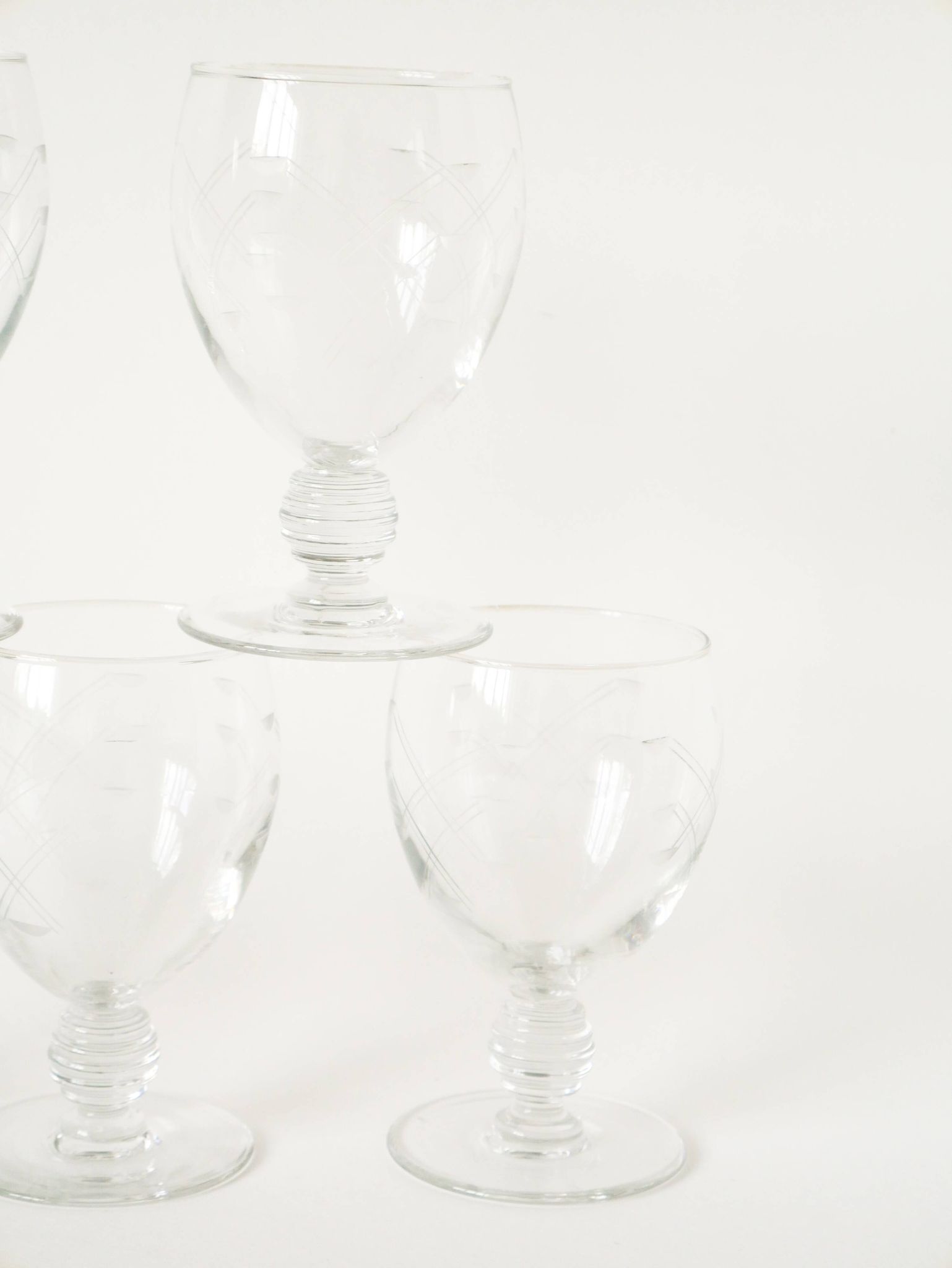 Set of 5 large wine glasses with ornate stems, in engraved crystal, Art Nouveau