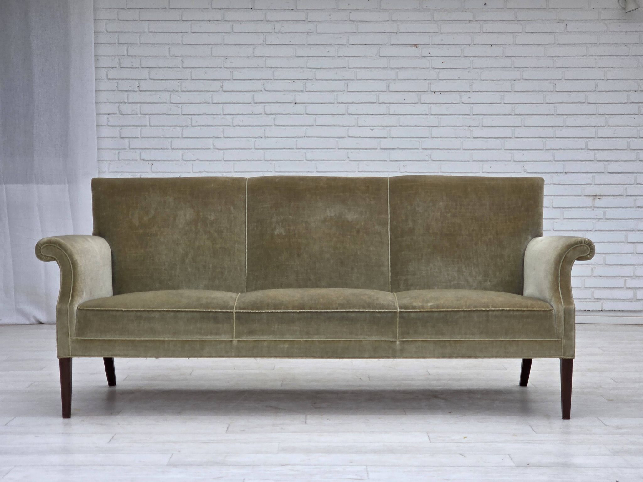 1960s, Danish 3-seater sofa, light green furniture velour.