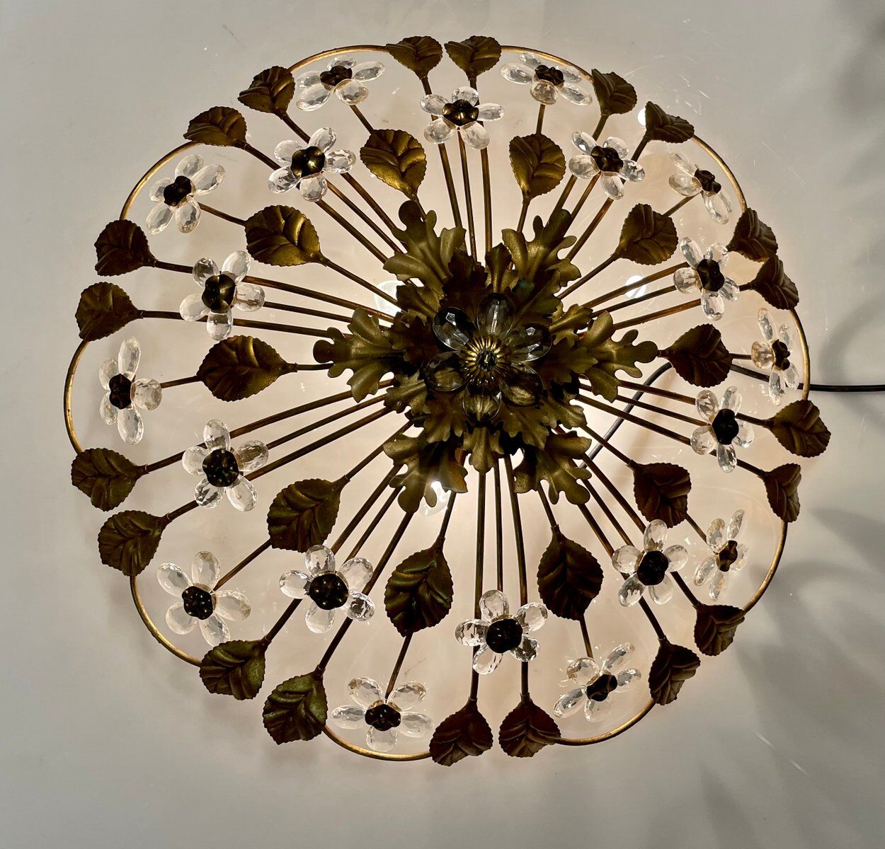 Italian gold gilded tole crystal flower flush mount, 1960s