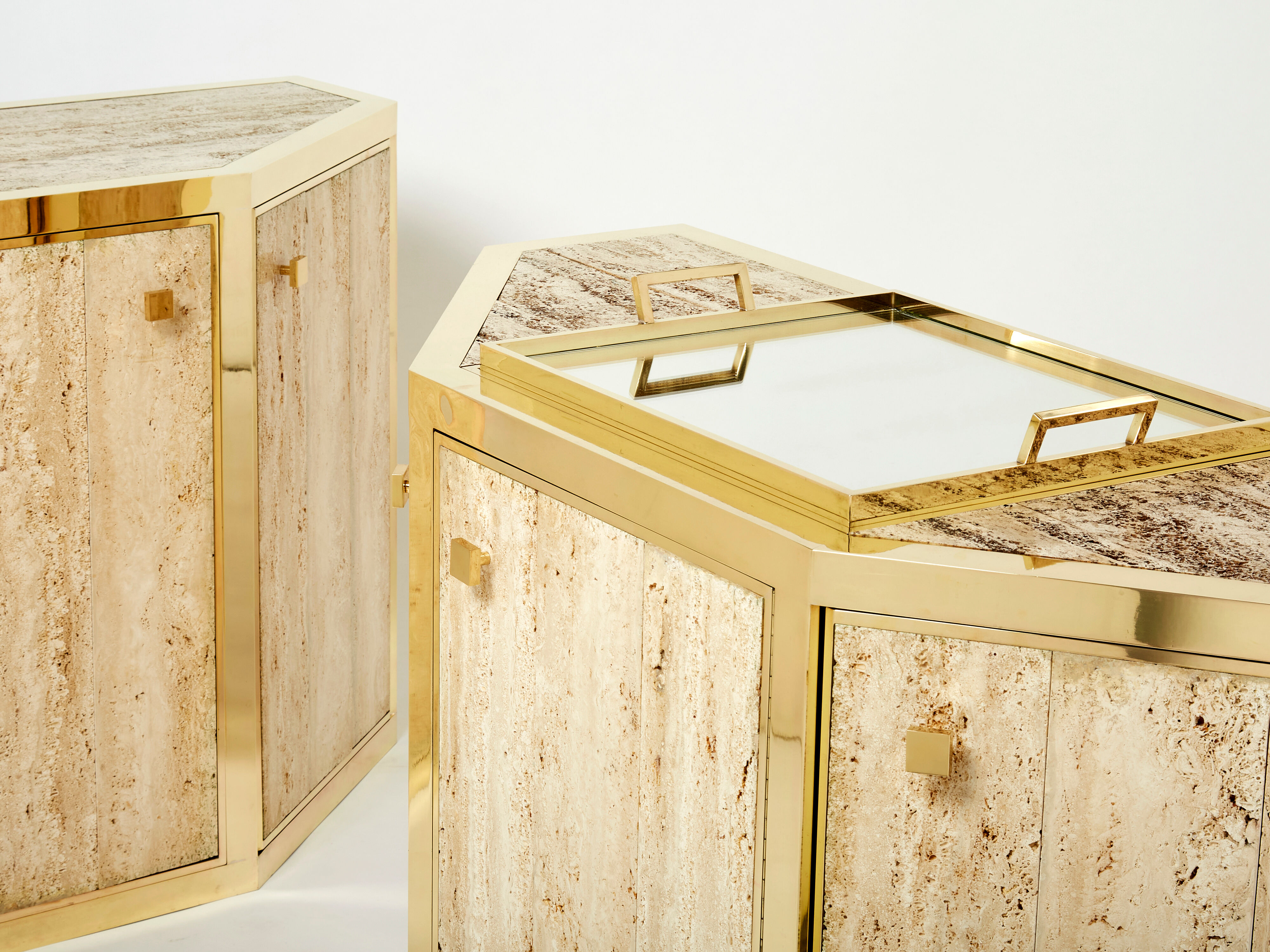 Pair of travertine brass cabinets by Alfredo Freda 1975