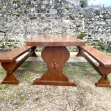 Monastery table and its two benches in solid oak 1950