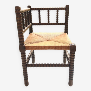 Art Deco corner chair in bobbin oak and straw, 1930s