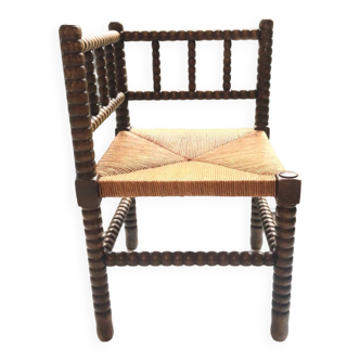 Art Deco corner chair in bobbin oak and straw, 1930s