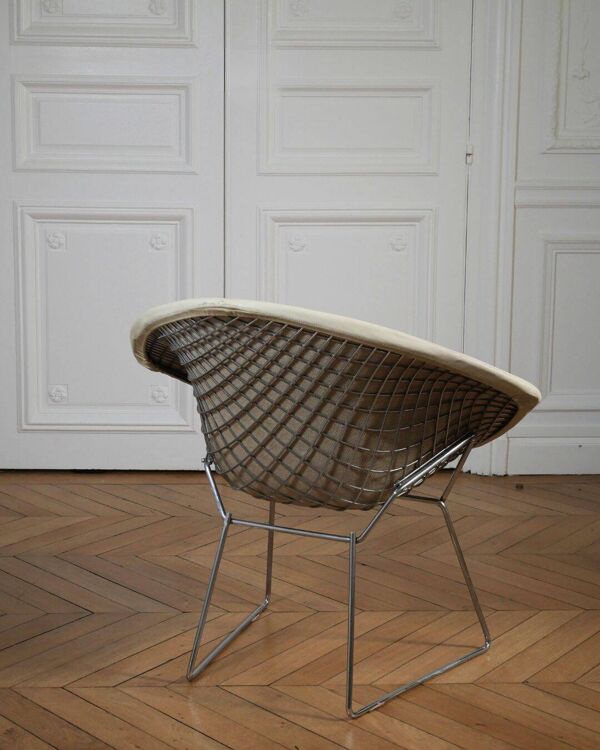 Fauteuil diamant d'Harry Bertoïa entièrement tapissé de cuir crème