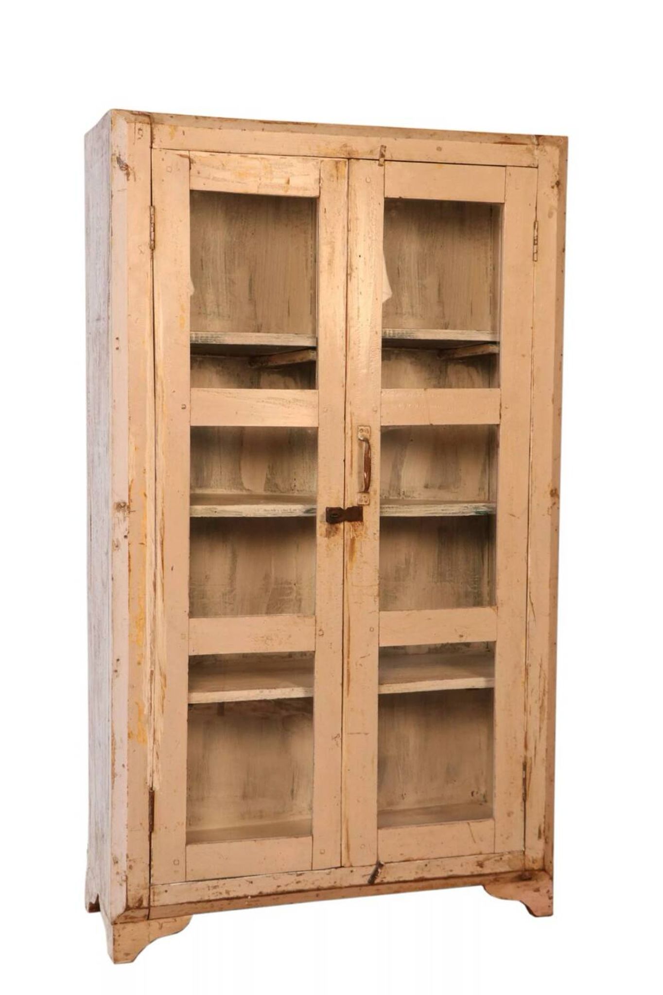 Ancienne vitrine en teck birman patine blanché-écrue