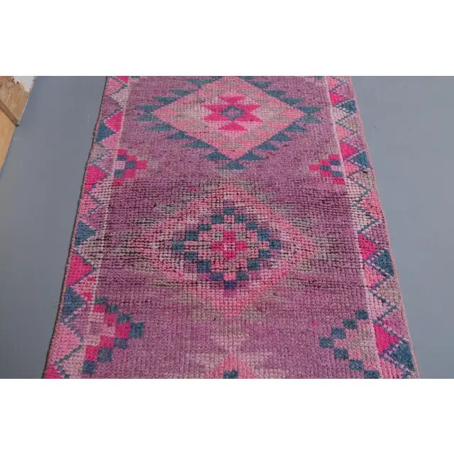 1970s Turkish handmade wool pink diamond runner 82x337
