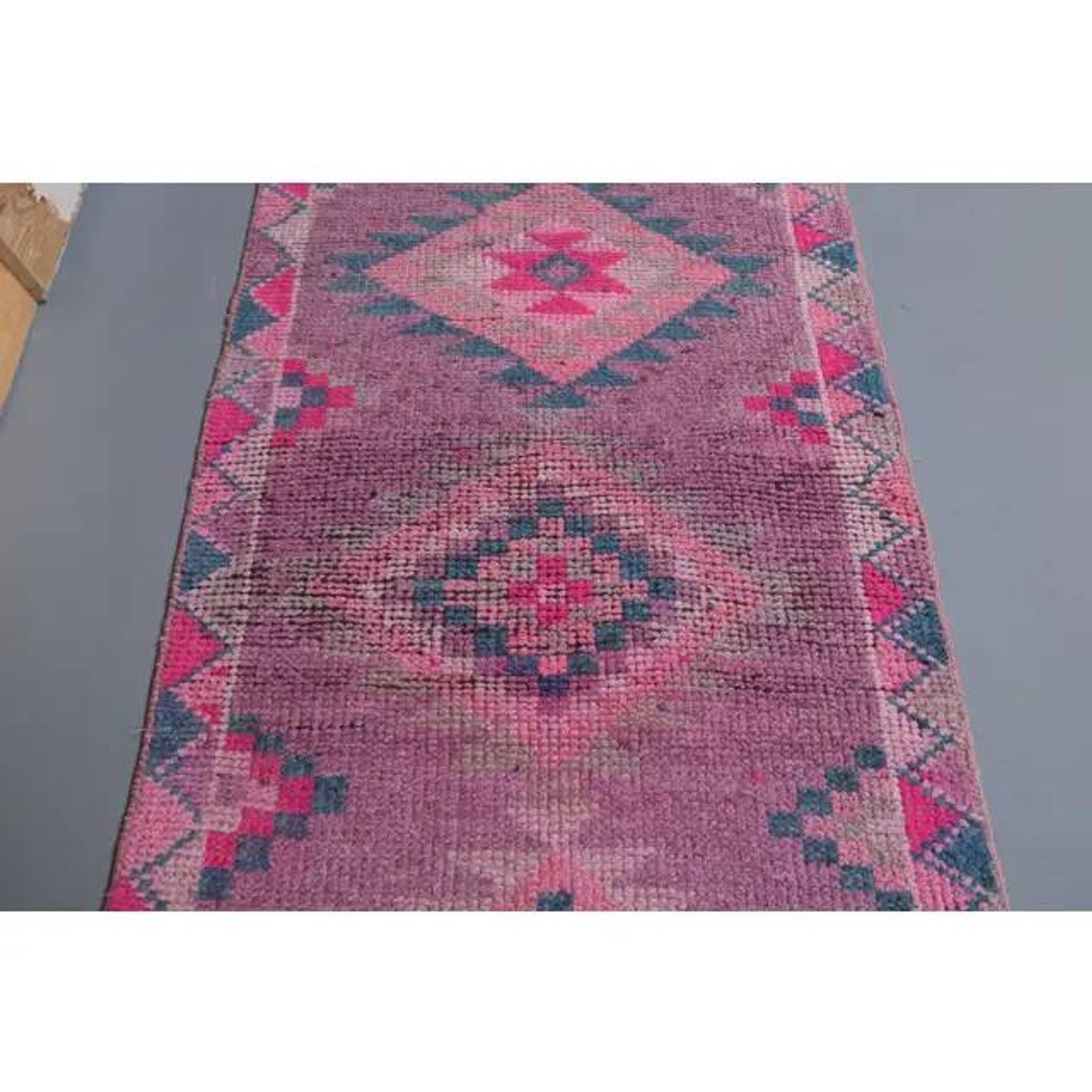 1970s Turkish handmade wool pink diamond runner 82x337