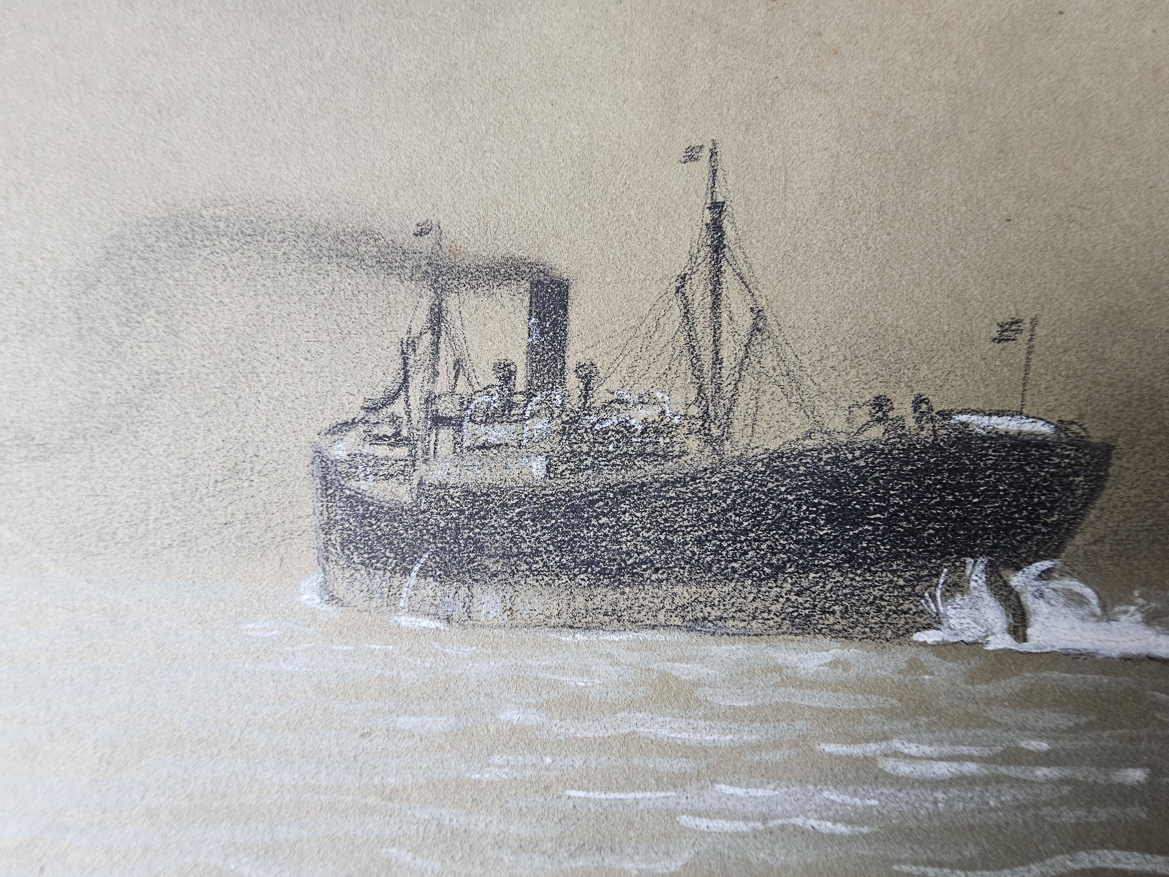 Watercolor of the Black Ocean Liner at Sea Signed TABOUREAU Georges known as Sandy-Hook (1879)