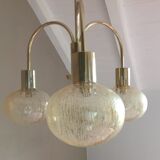 Three-globe brass chandelier in amber/vintage glass 60s-70s