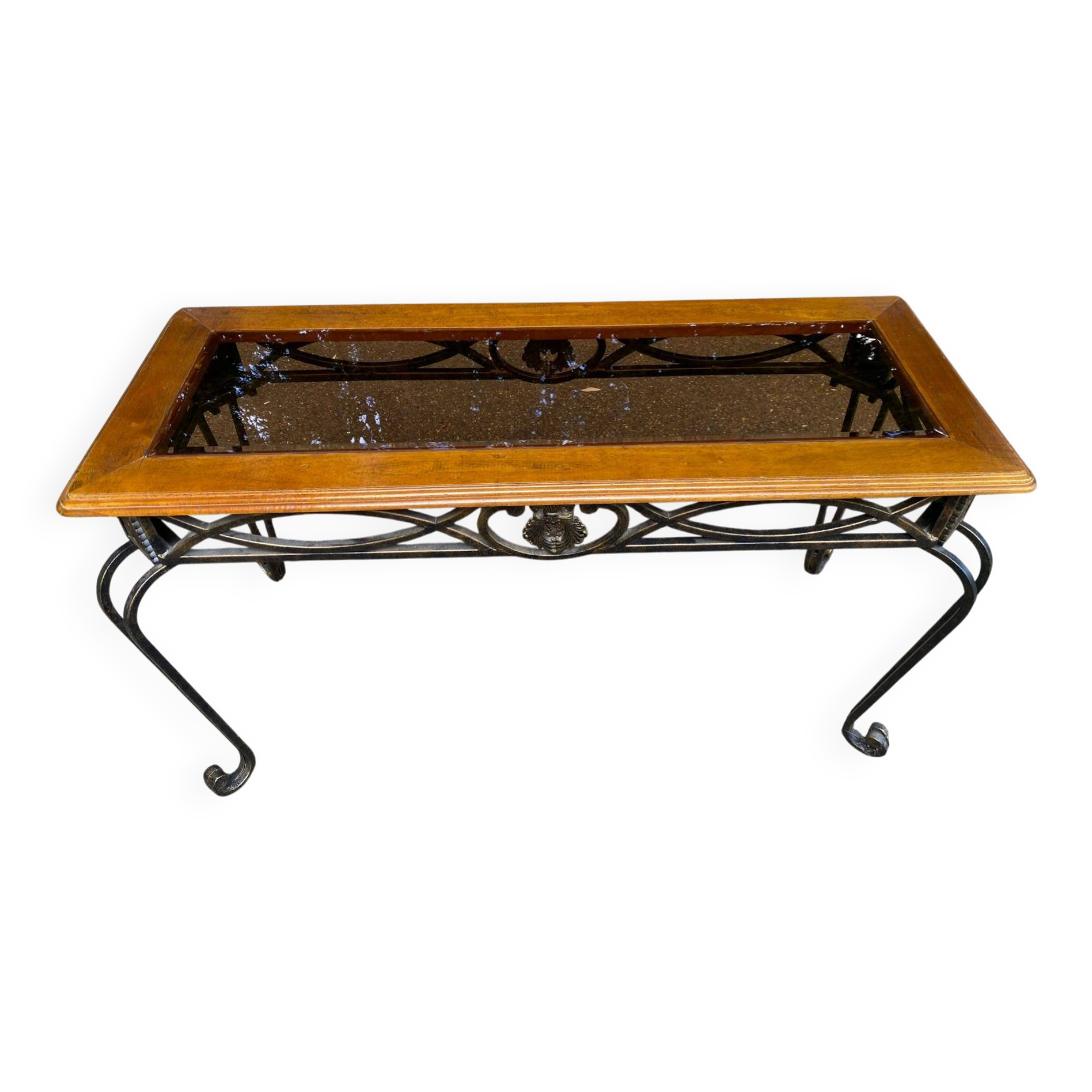 Neo-classical entrance console in wrought iron and solid oak H70 cm 1970