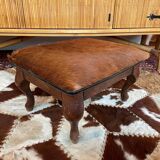 Vintage wooden and goatskin pouf