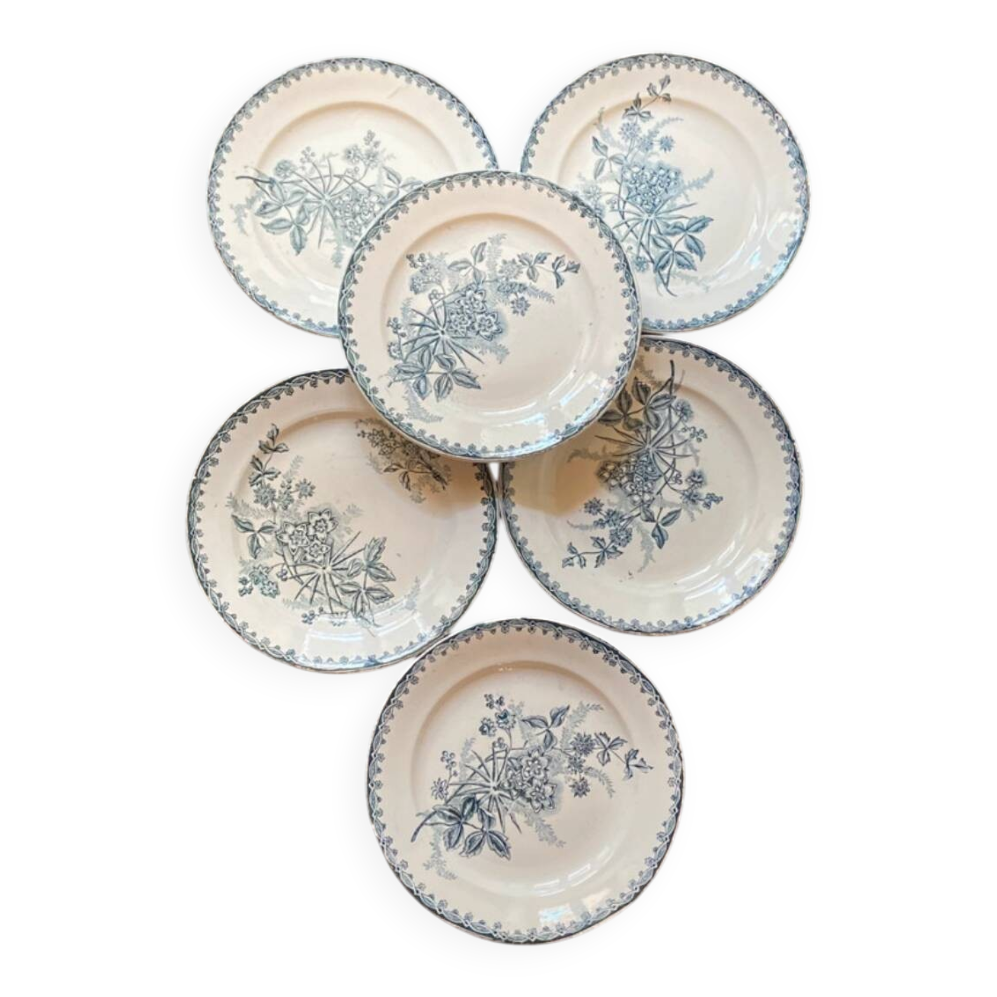 Set of seven small flat plates Terre de fer 19th century