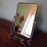 Miroir de barbier bi pied, mode suspension, biseauté, métal chromé - années 70