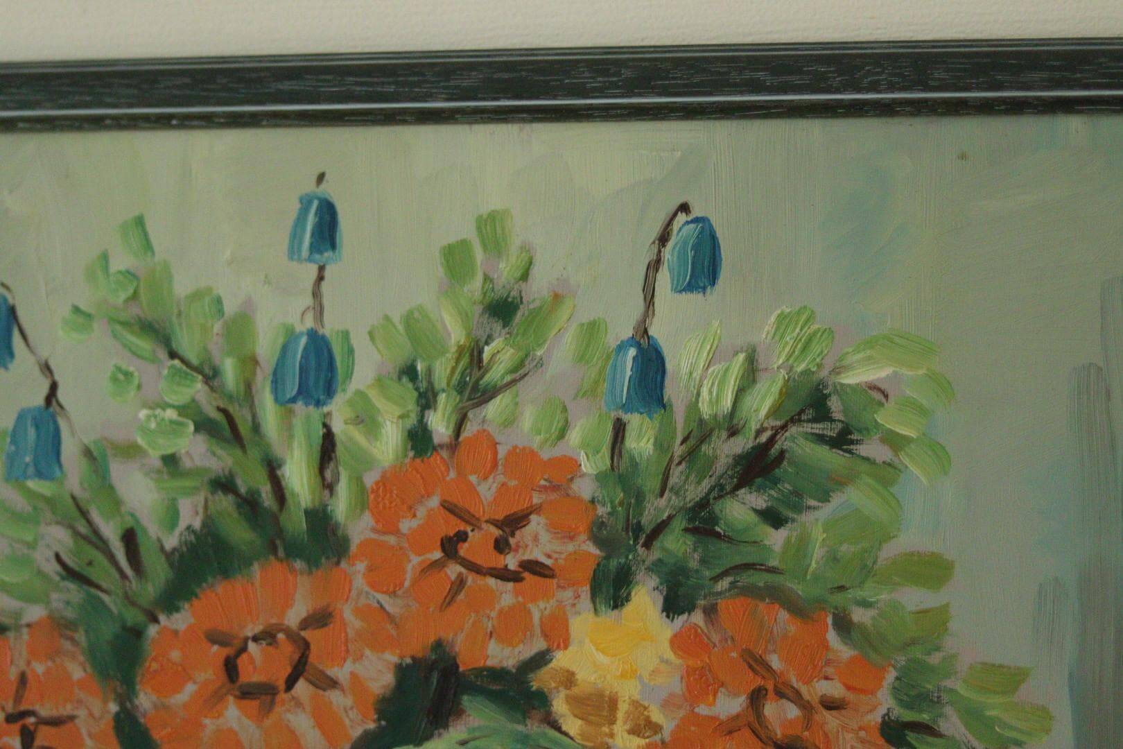 Original vintage oil on panel painting "Flowers in vase"