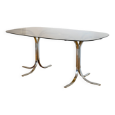 Table à manger avec plateau en verre fumé et pied chromé
