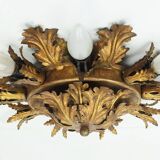 Plafonnier italien vintage lampe florentine feuilles en métal style régence hollywoodienne