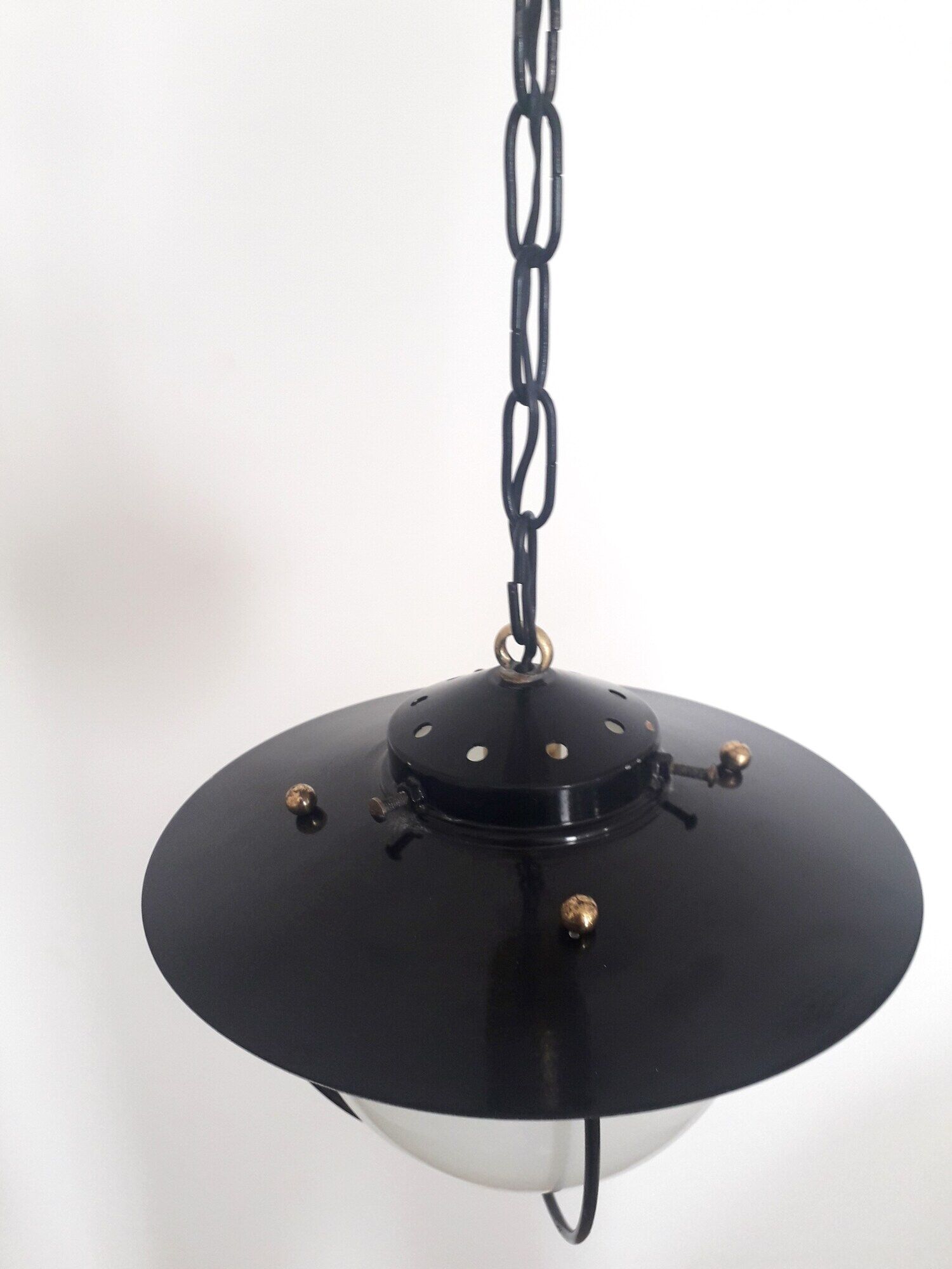 Old entrance hall suspension - opaline and black lacquered metal - 1960
